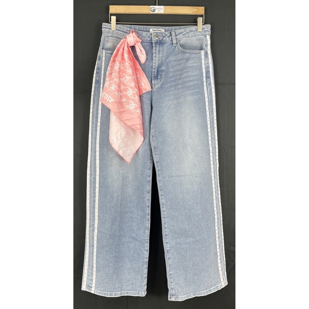 Juicy Couture Womens Rhinestone Stripe Wide Leg Denim Jeans Scarf Blue Size 14